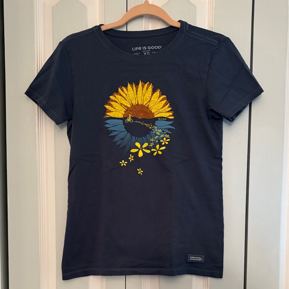 Life Is Good Navy Tee with Sunflower and Bicycle Design